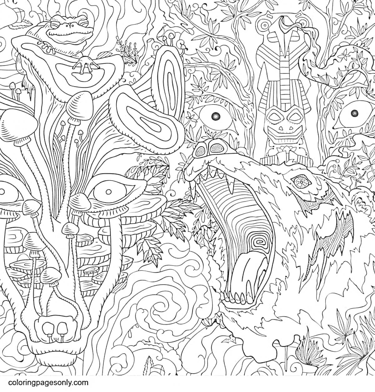 Раскраска Психоделическое видение: грибы, глаза, дерево со звериными чертами, ревущий медведь