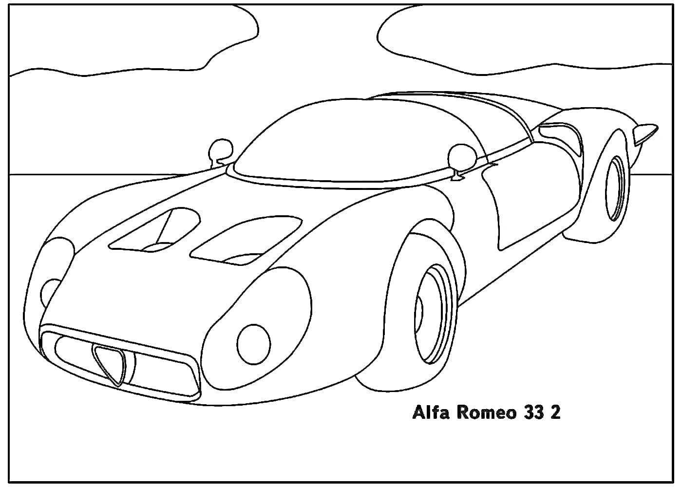 Раскраска Alfa Romeo 33 2, автомобиль на дороге с небом и облаками на заднем плане