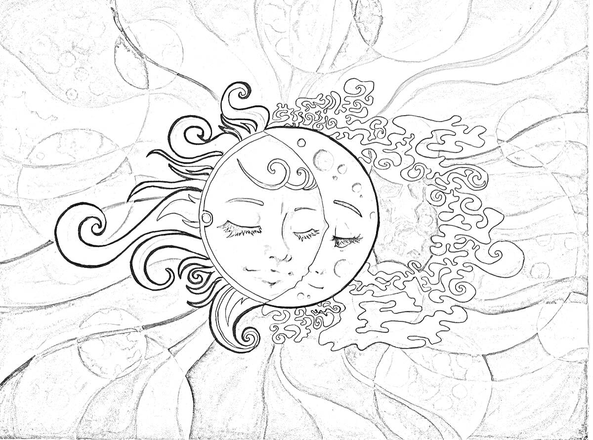 Раскраска солнце и луна с закрытыми глазами, абстрактный фон