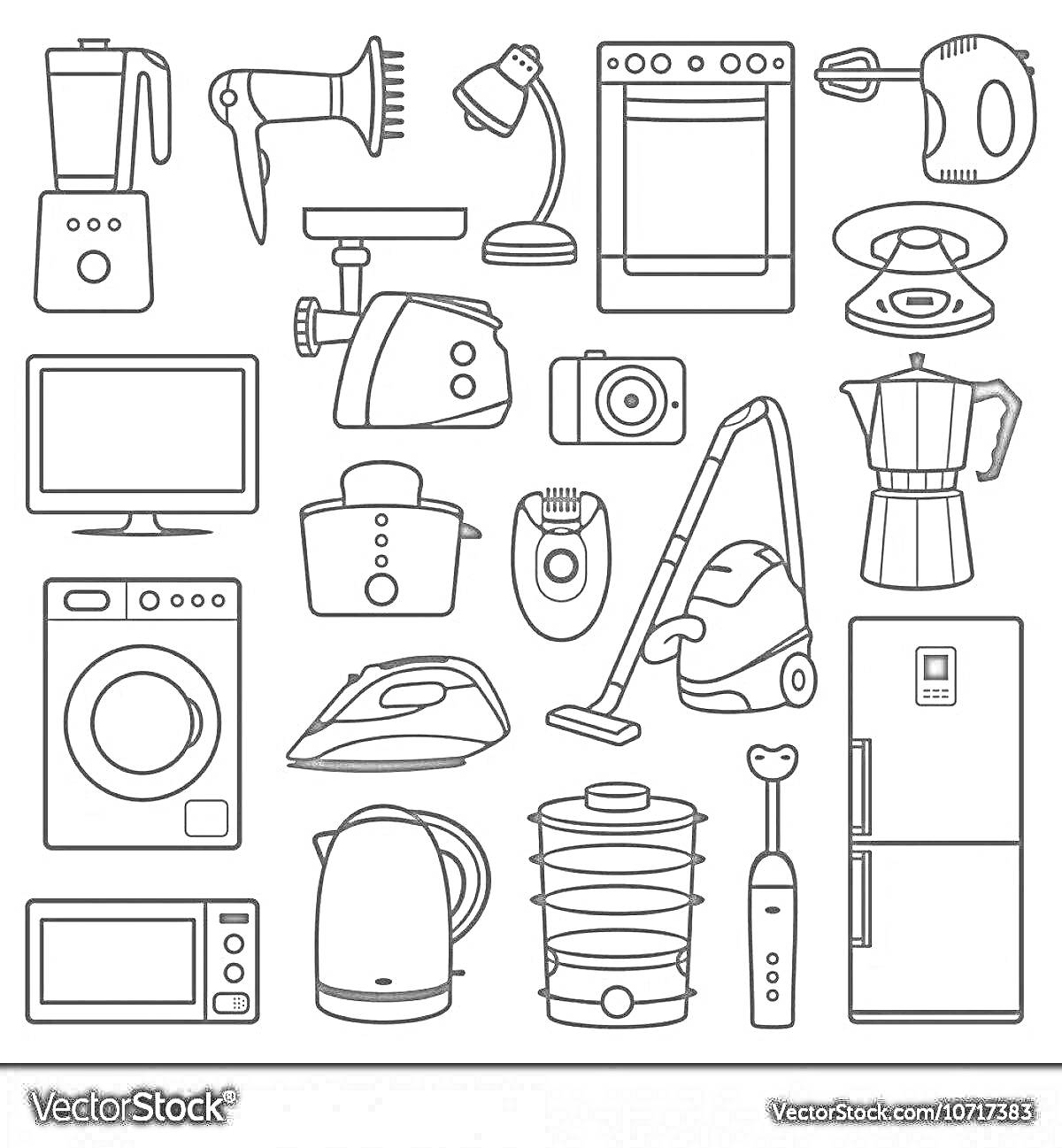 Раскраска Электроприборы: блендер, фен, настольная лампа, духовой шкаф, миксер, телевизор, тостер, камера, кофеварка, стиральная машина, утюг, пылесос, холодильник, микроволновая печь, электрочайник, яйцеварка, электрическая зубная щётка