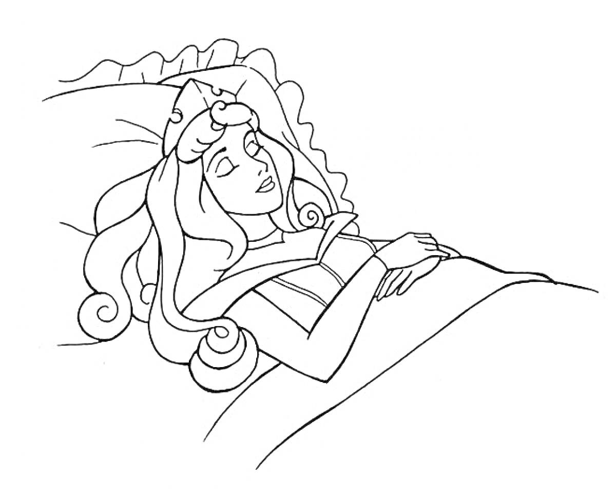 Раскраска Спящая царевна в кровати со складками одеяла