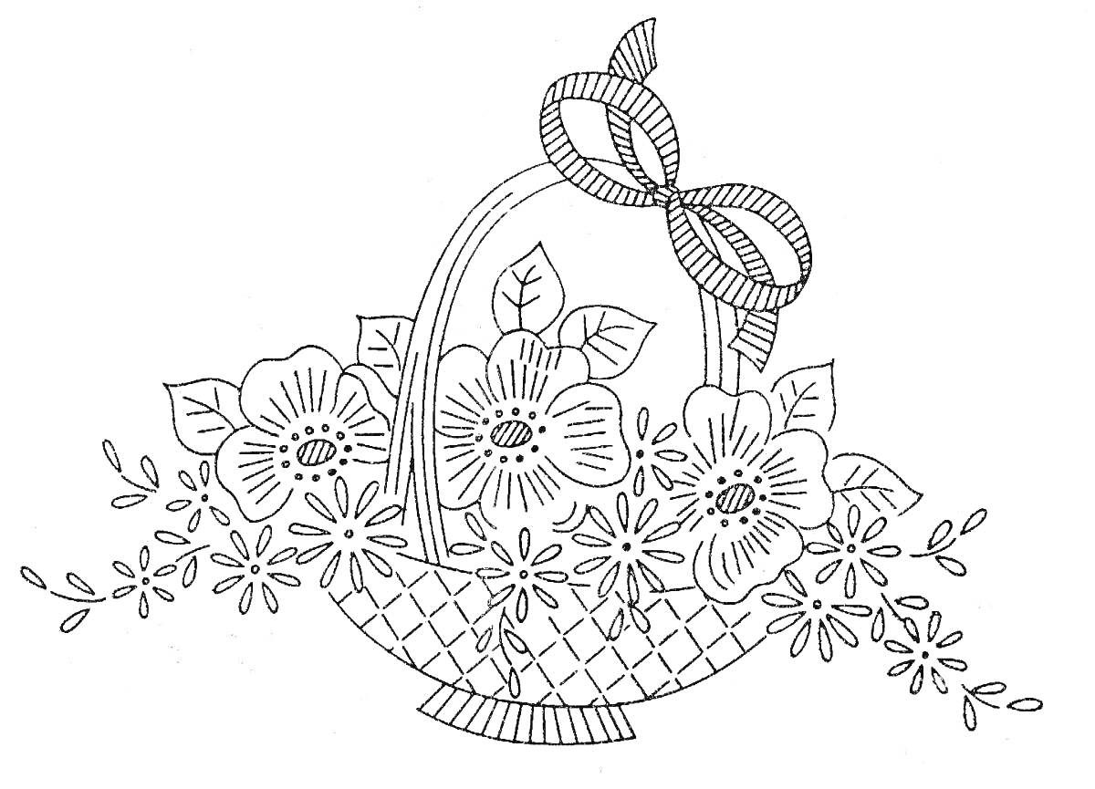 Раскраска Корзинка с цветами и бантом