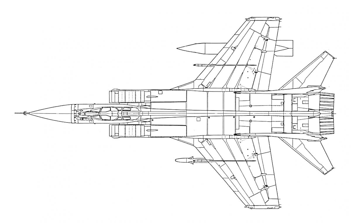 Раскраска Вид сверху истребителя МиГ-31 с детализированными элементами, такими как крылья, вертикальные стабилизаторы, носовая часть, кабина пилотов и двигатели.