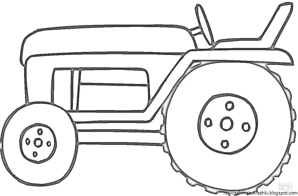 Раскраска Черно-белая раскраска трактора с крупными колесами и сиденьем