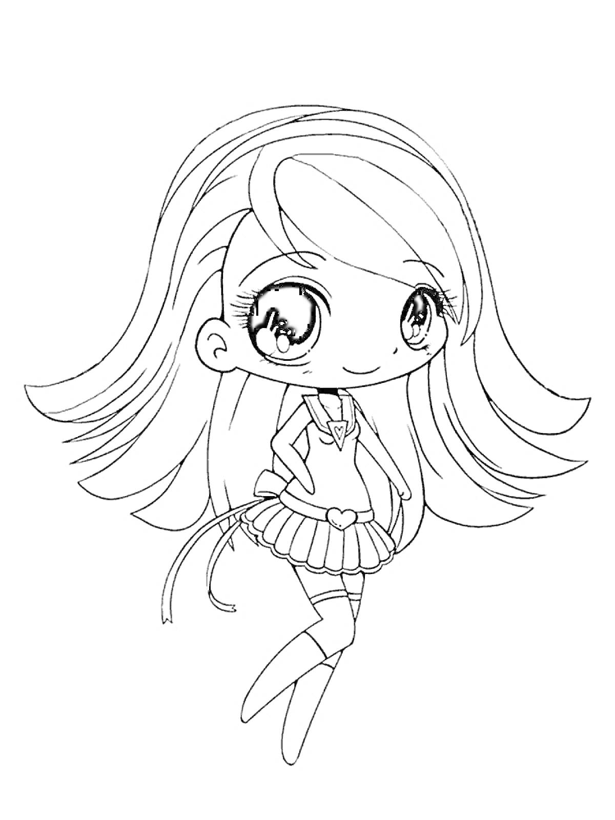 Раскраска Девочка в школьной форме с длинными волосами и бантиком