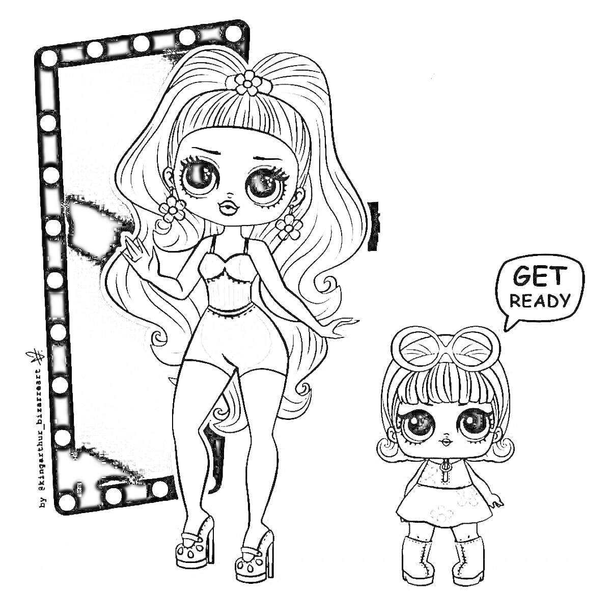 Раскраска Куклы ЛОЛ ОМГ у зеркала, одна в купальнике и на платформе, другая с очками и надписью 
