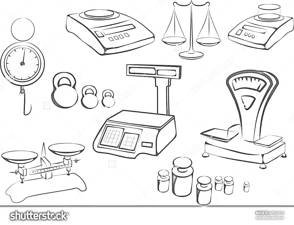 На раскраске изображено: Весы, Электронные весы, Измерение веса, Гиря