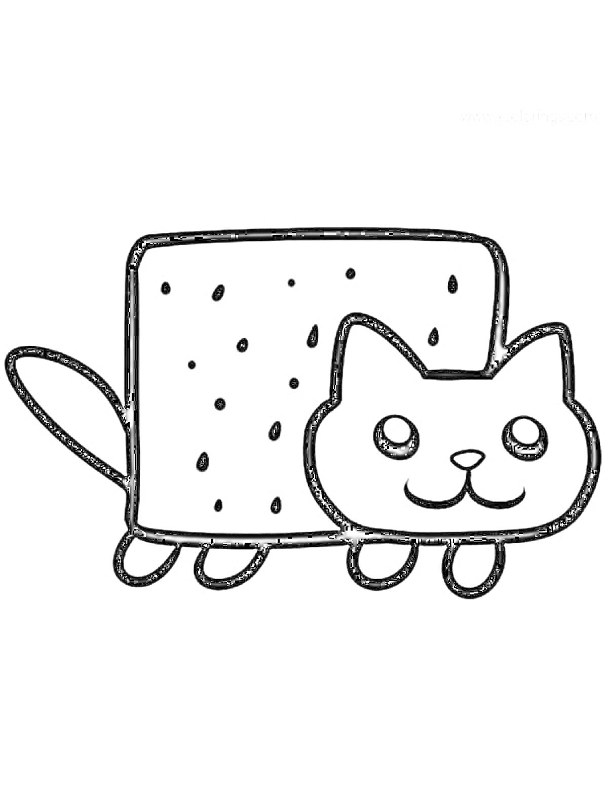 Раскраска Кот с телом в форме хлеба, хвостик торчит слева, четыре лапки и улыбающаяся мордочка