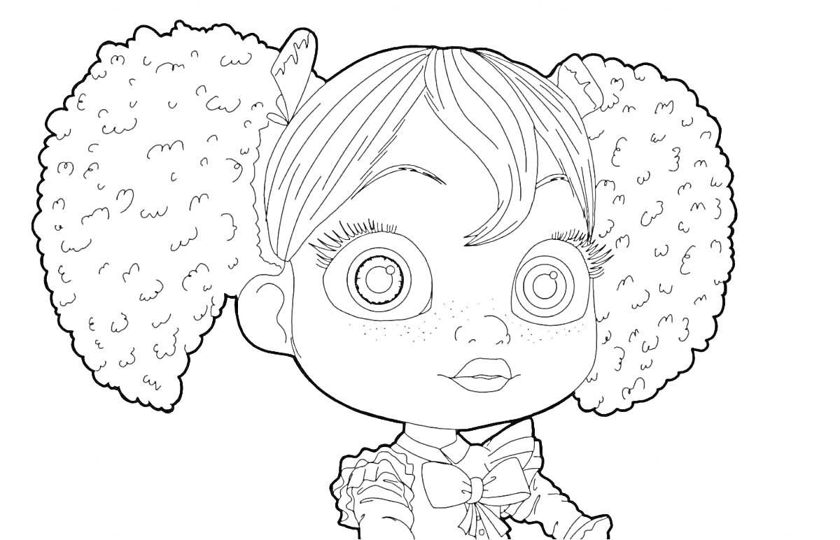 Раскраска Кукла с большими глазами и пышными волосами
