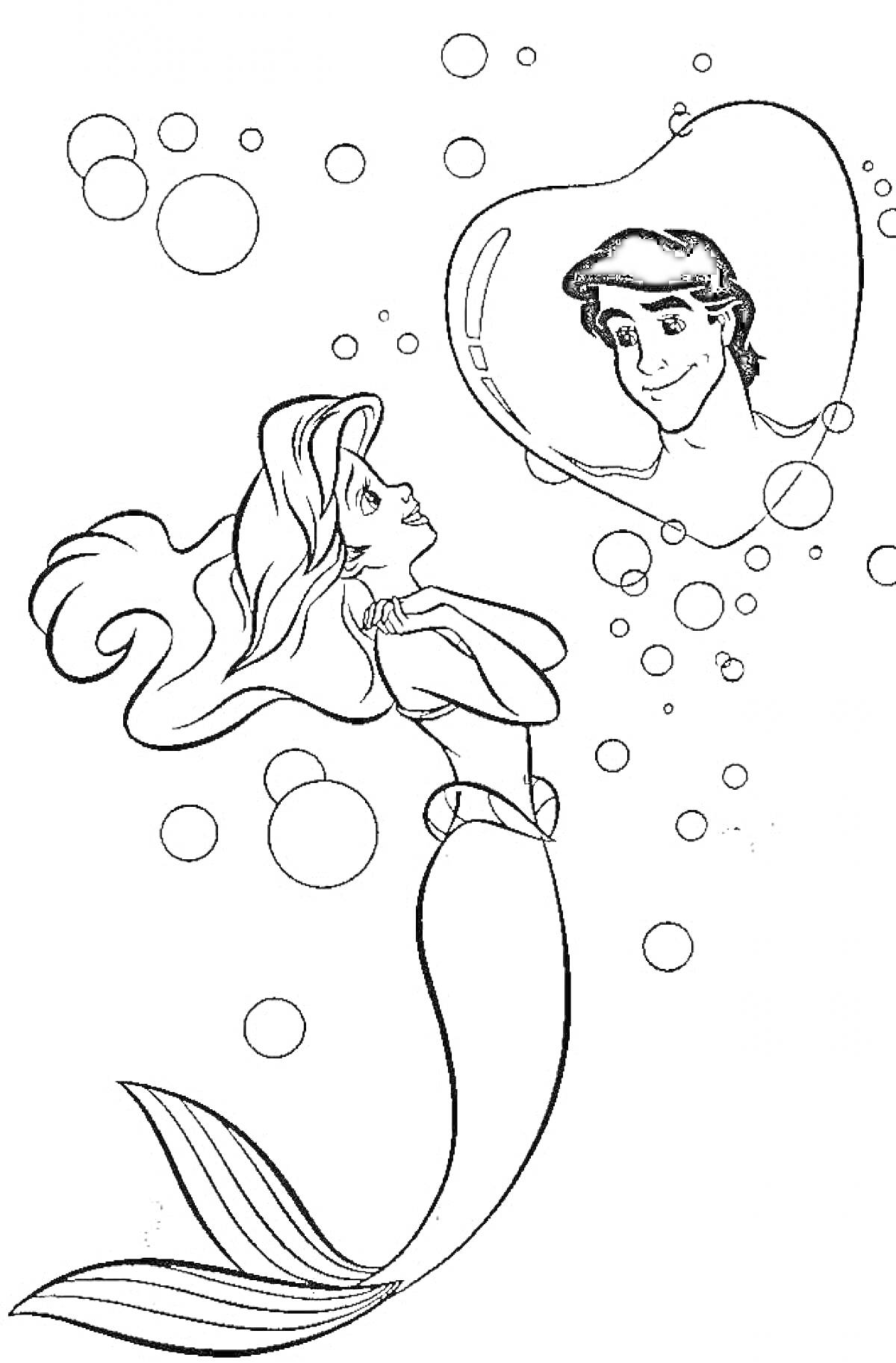 На раскраске изображено: Ариэль, Принц Эрик, Русалка, Подводный мир, Дисней, Пузыри