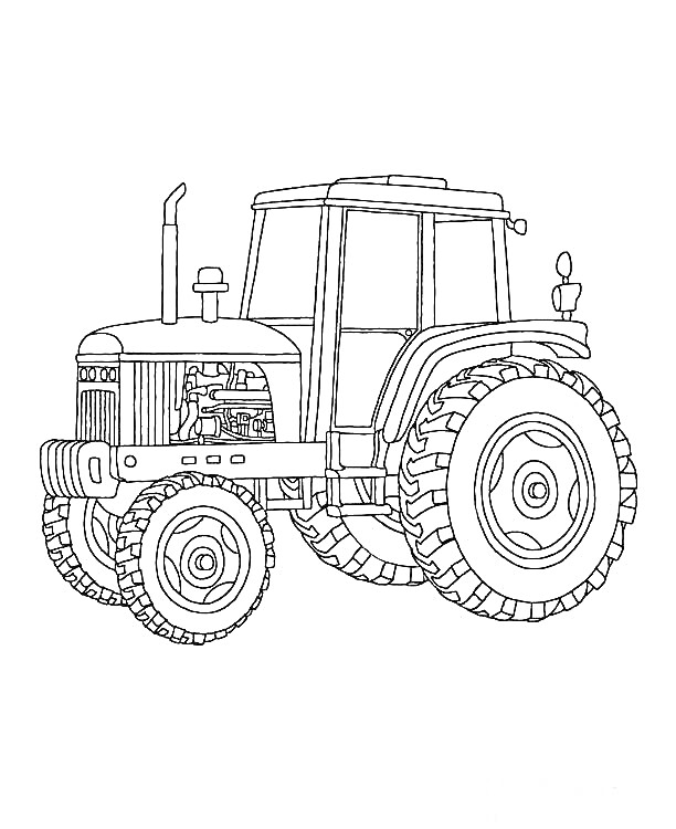 На раскраске изображено: Трактор, Колеса, Сельскохозяйственная техника, Техника, Кабина водителя, Авто
