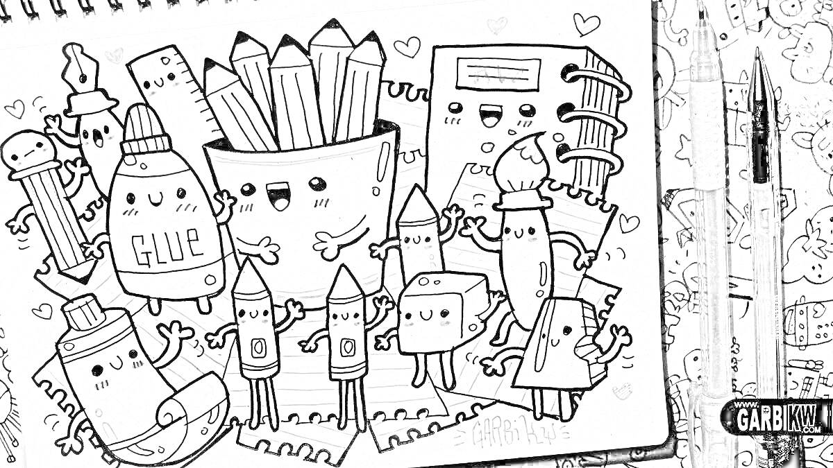 Раскраска канцелярия в скетчбуке: карандаши, кисти, клей, ластик, линейка, точилка, ножницы, блокнот, листы бумаги