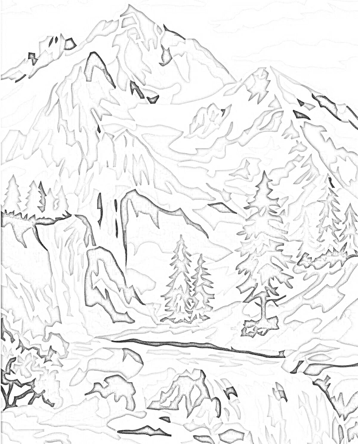 Раскраска Горный пейзаж с вершинами, елями и водопадами