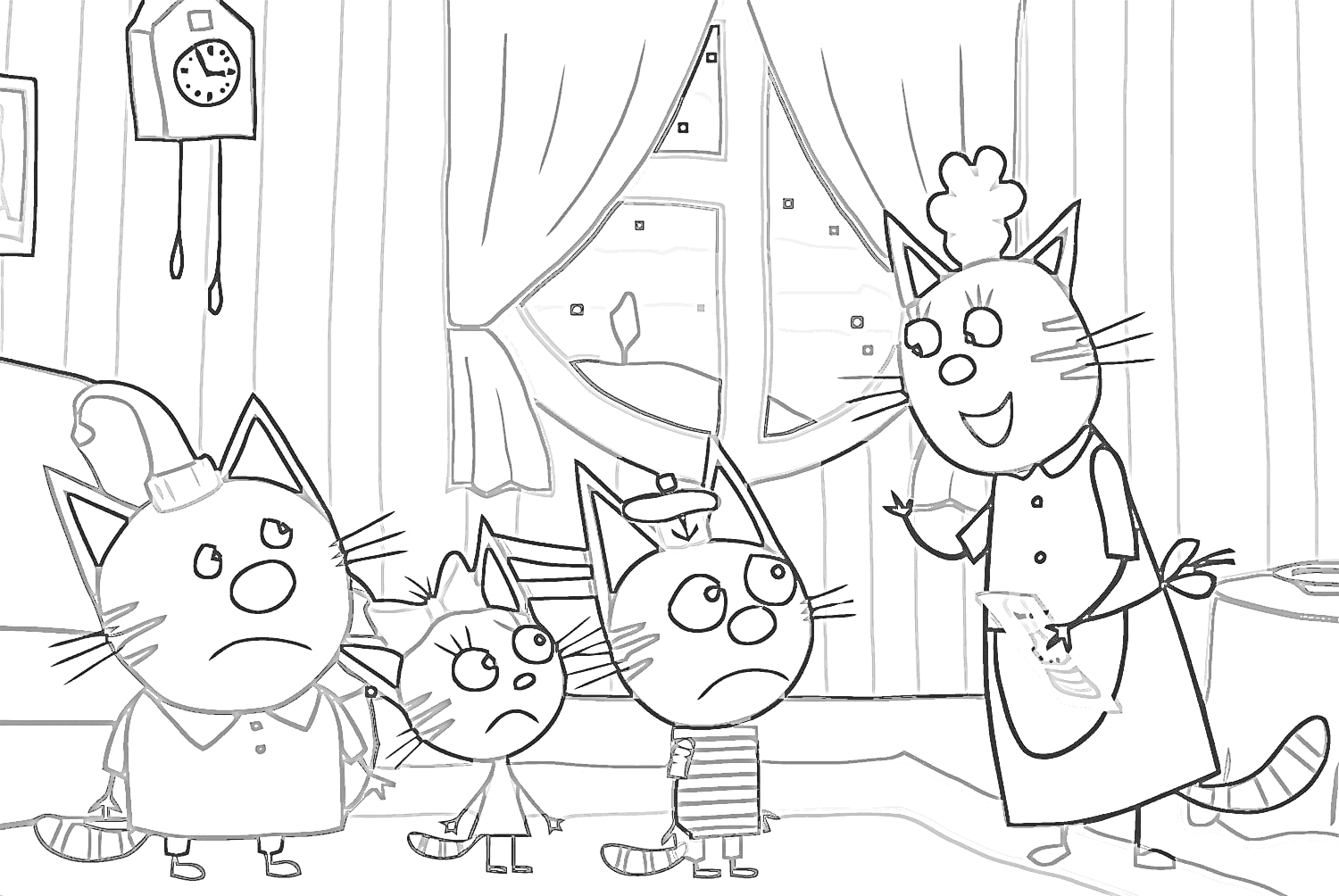 На раскраске изображено: Три кота, Семья, Мама, Часы, Занавески, Комната, Ночь