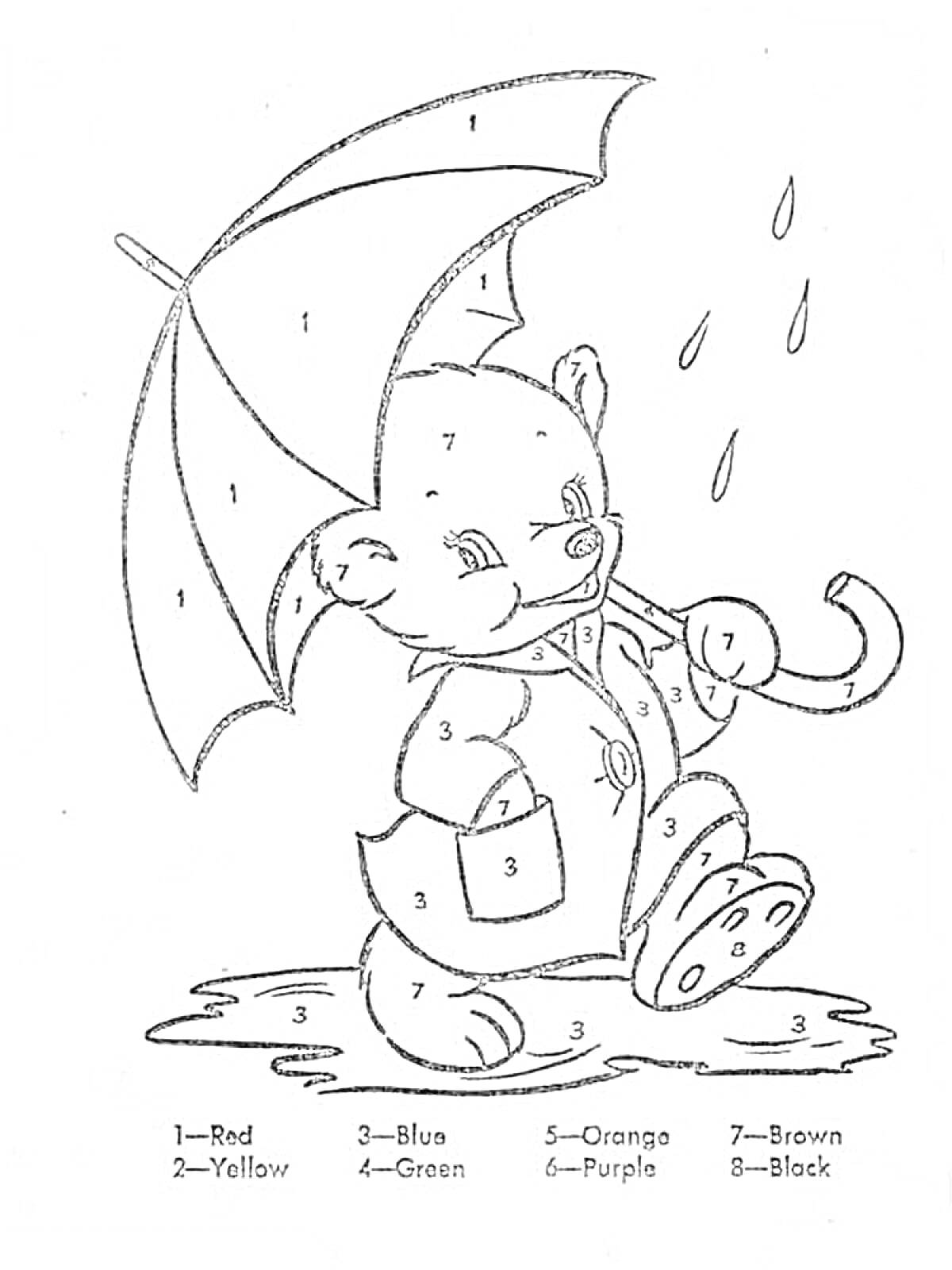 На раскраске изображено: Зонт, Дождь, Лужа, Разукрашка, Для детей, Медведь