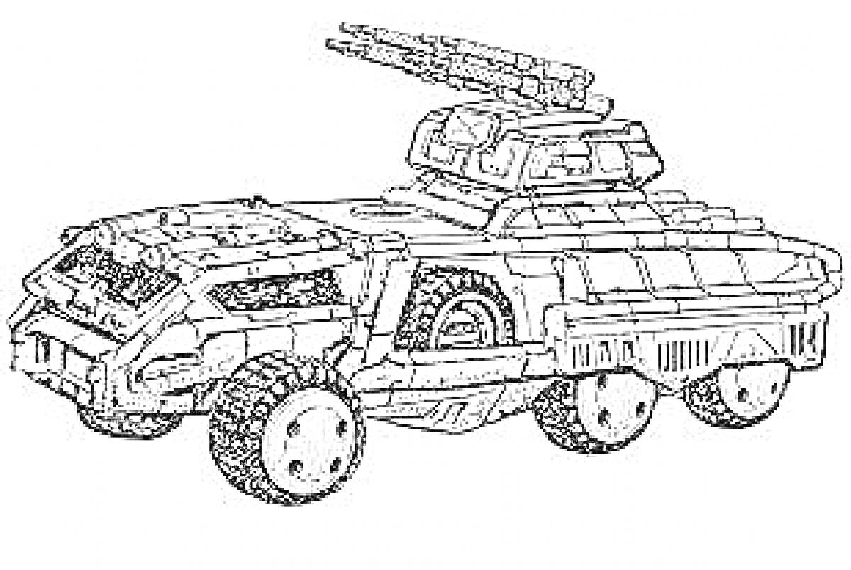 Раскраска Броневик с колесами, пушкой и бронированной башней