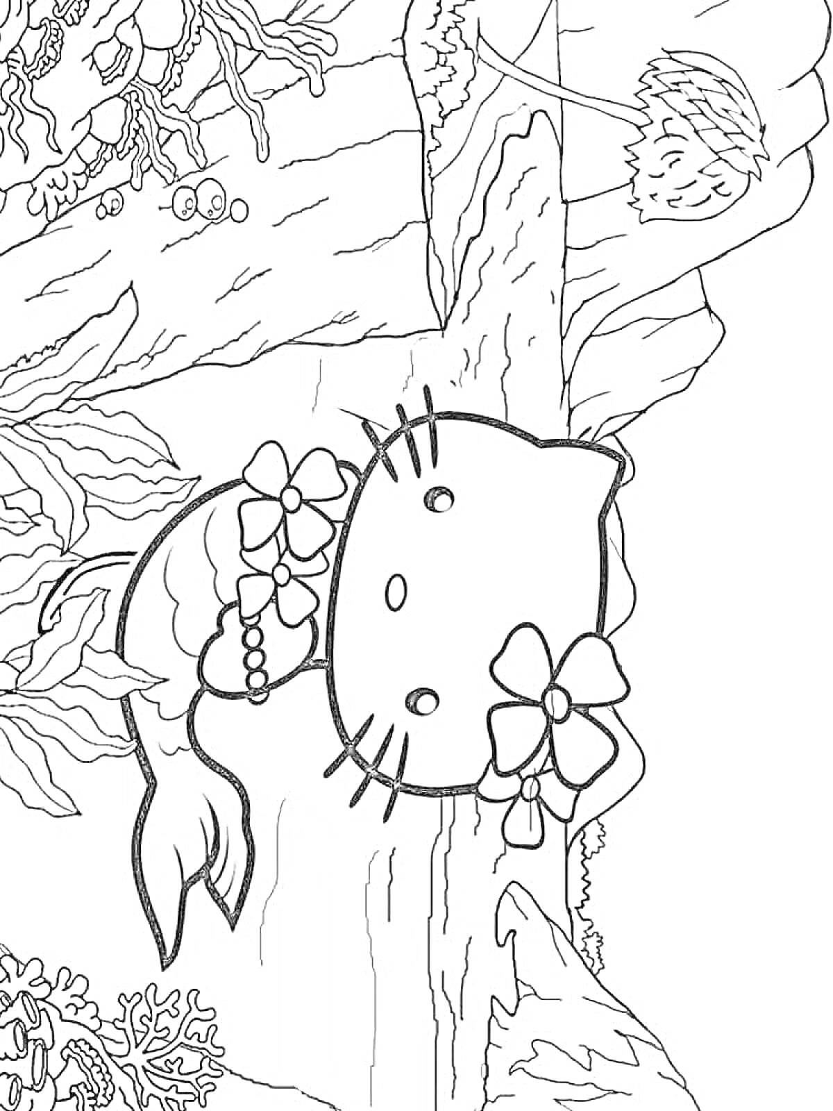 Раскраска Кошка русалка со взрослым и детенышем рыб вокруг, водорослями, цветком на фоне подводного мира.