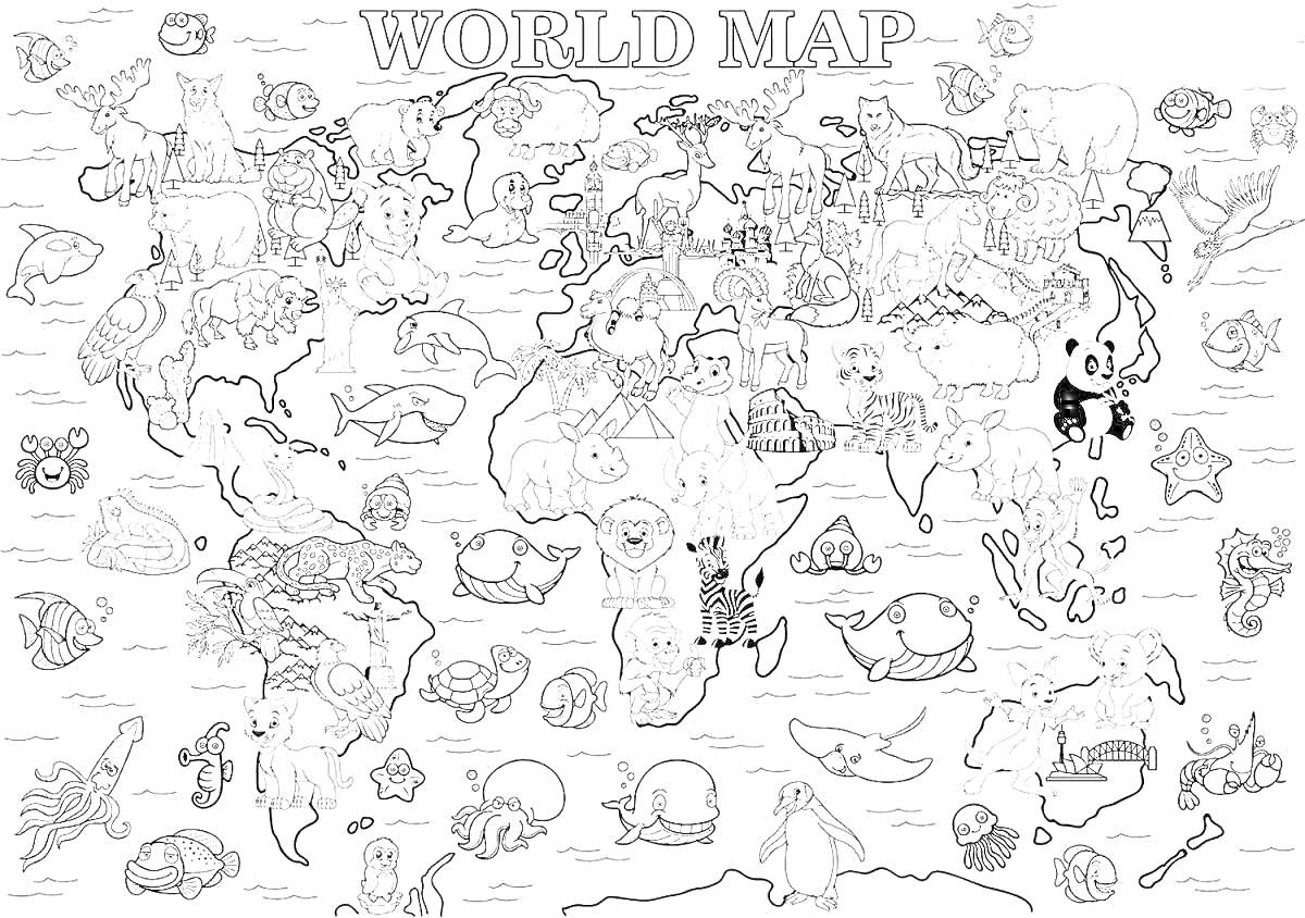 На раскраске изображено: Карта мира, Животные, Континенты, Океаны, География, Обучение, Фауна, Россия, Медведь, Тигр, Верблюд, Динозавр, Волк, Морской котик