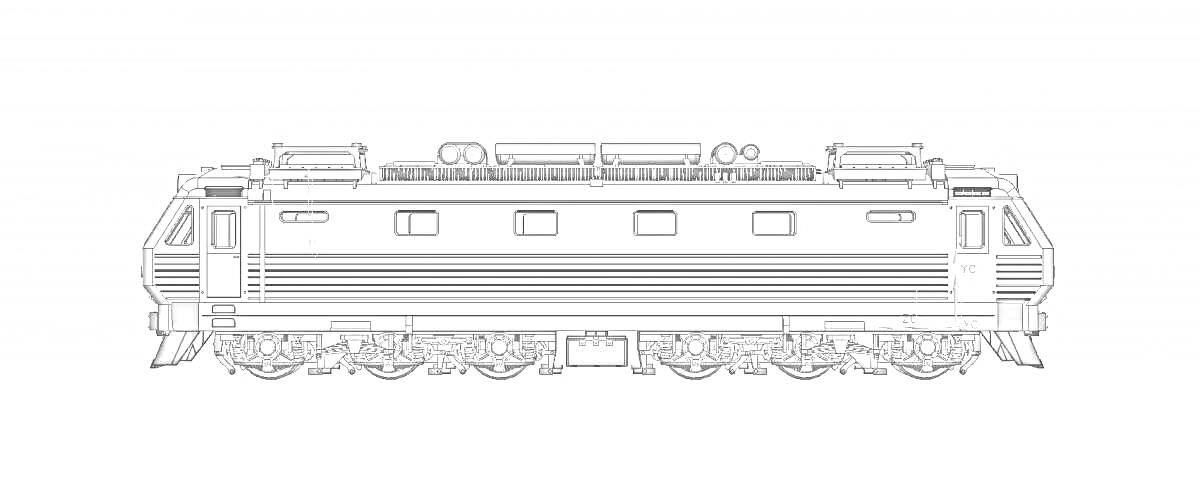 На раскраске изображено: Электровоз, Чс4т, Поезд, Транспорт, Локомотив, Железная дорога