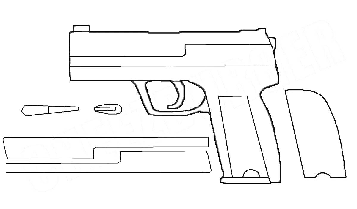 Раскраска с изображением юсп, ствол, затвор, магазин, и разборка частей