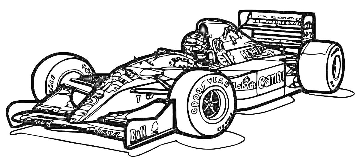 Раскраска Формула-1 гоночный болид с шинами, антикрылом и гонщиком