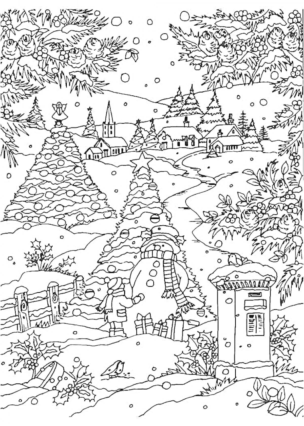 Раскраска новогодний пейзаж с деревней, снежной бабой, елками, ангелами и почтовым ящиком