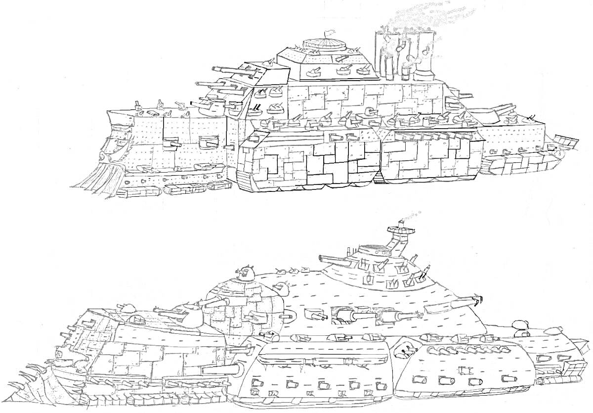 Раскраска Два массивных стальных монстра с пушками, башнями и доспехами, один с дымоходами