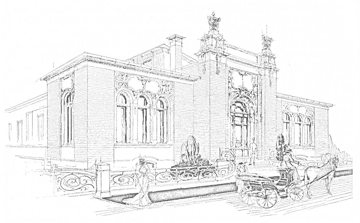 Раскраска Здание в стиле модерн с украшенными окнами, воротами и скульптурами, карета с лошадьми и людьми на улице