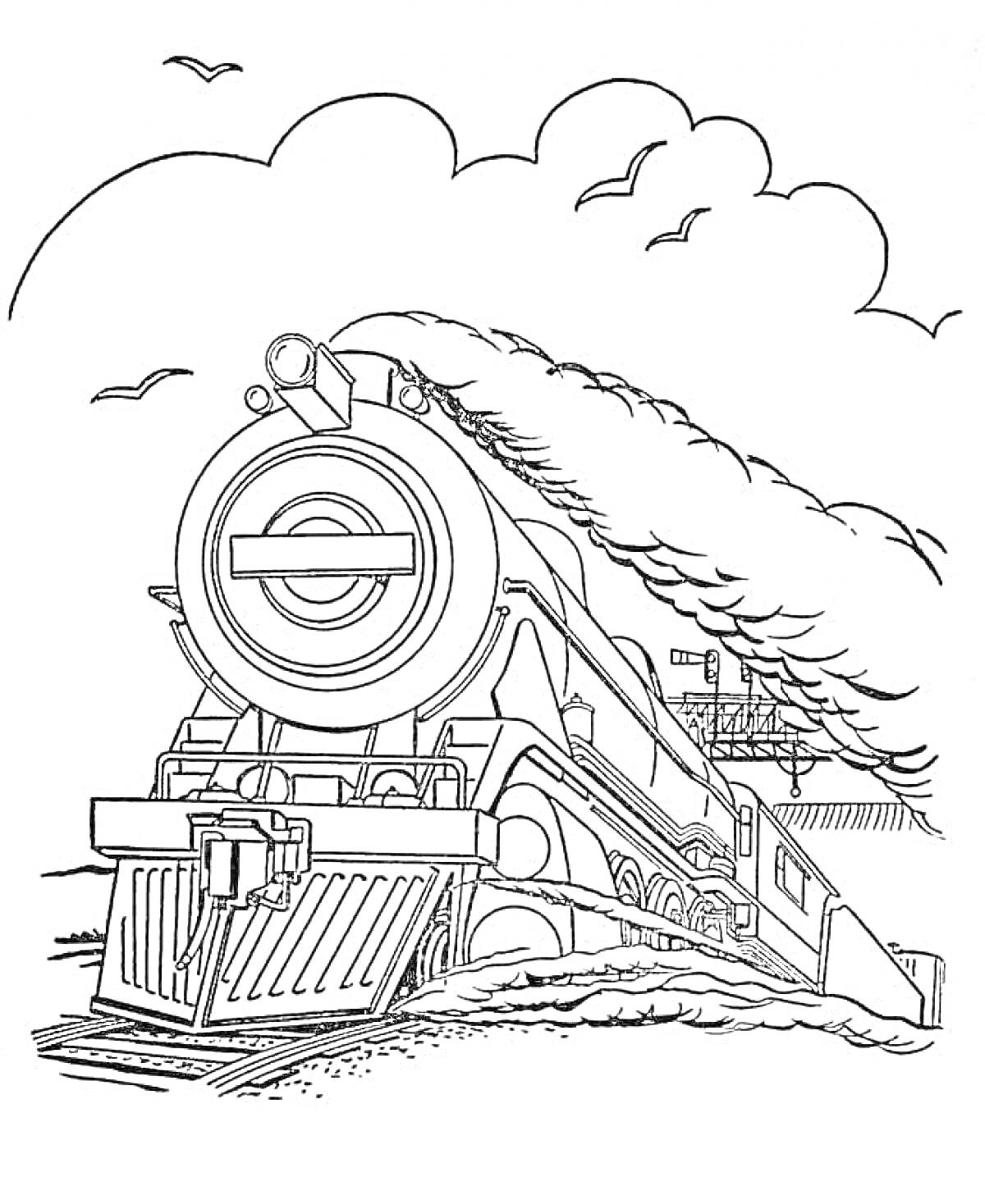 На раскраске изображено: Поезд, Паровоз, Железная дорога, Дым, Облака, Пейзаж, Транспорт, Птица