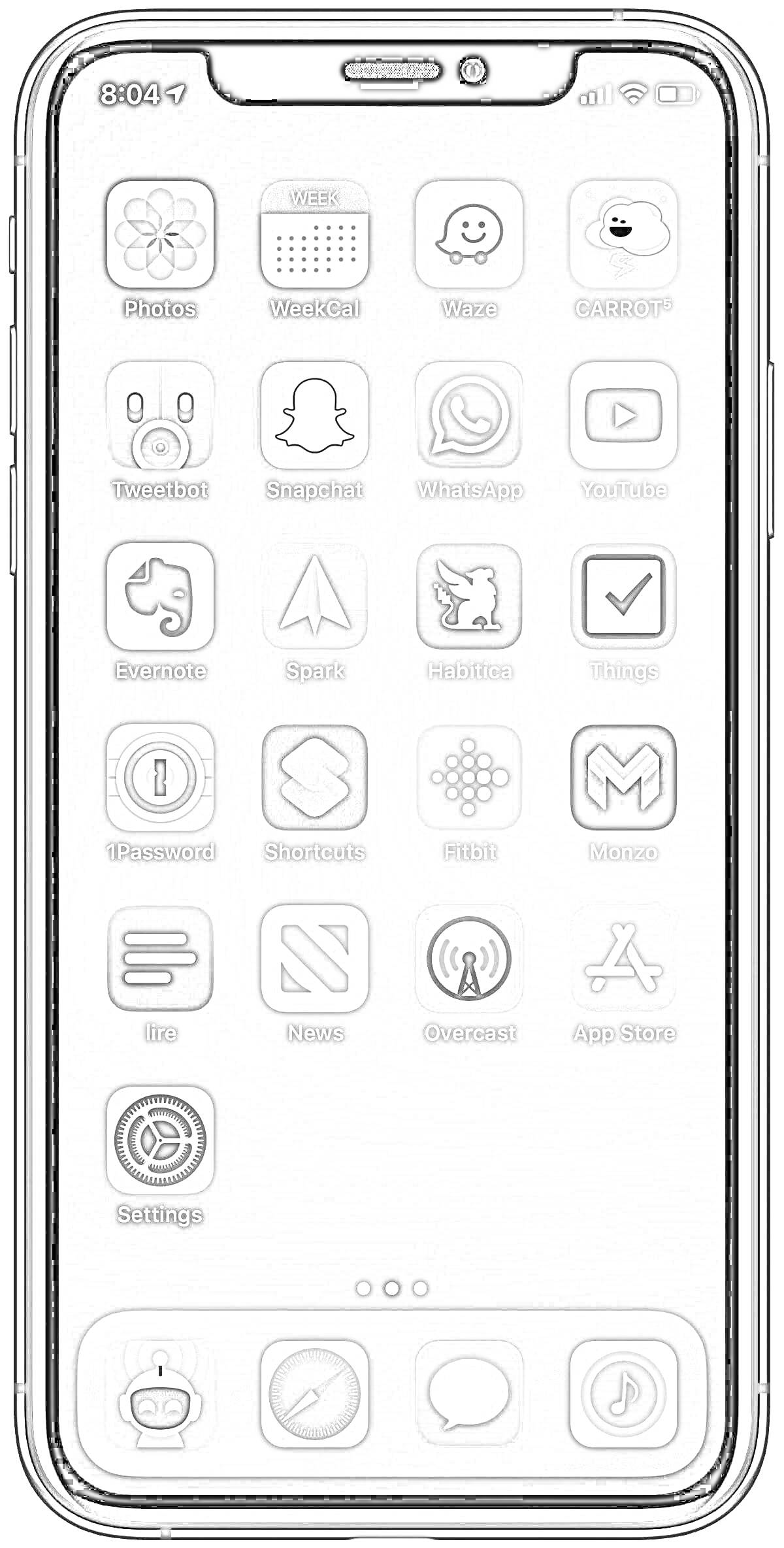 РаскраскаЭкран мобильного телефона с приложениями, включая Photos, WeekCal, Waze, CARROT, Tweetbot, Snapchat, WhatsApp, YouTube, Evernote, Spark, Habitica, Things, 1Password, Shortcuts, Fitbit, Monzo, lire, News, Overcast, App Store, Settings и Dock с приложени
