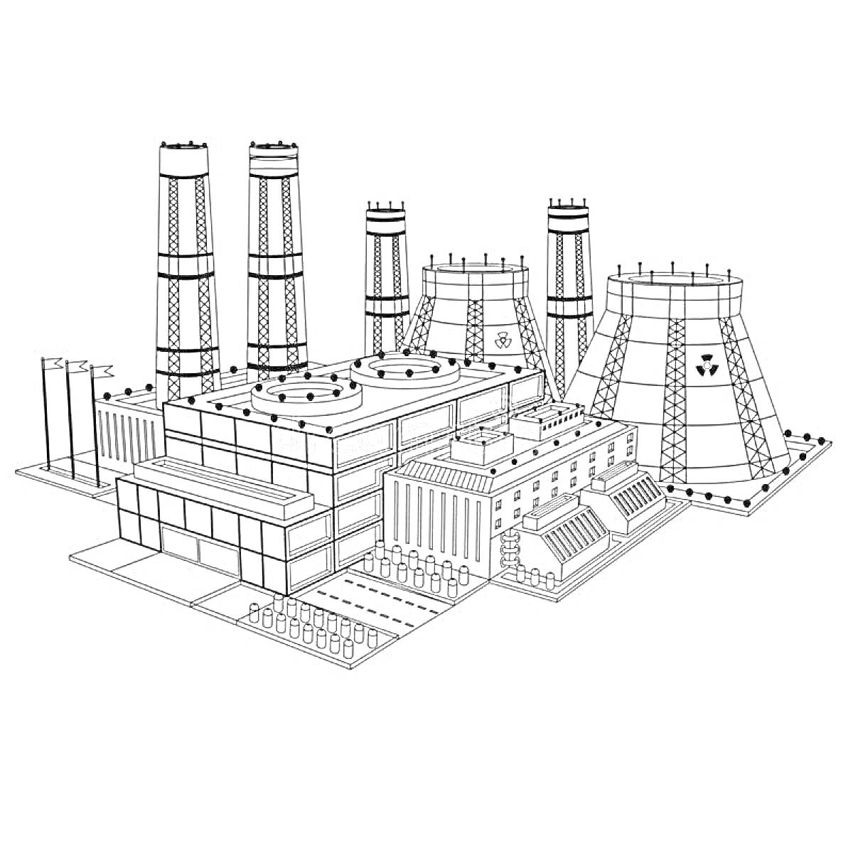 Раскраска Электростанция с несколькими зданиями, трубами, градирнями и антеннами