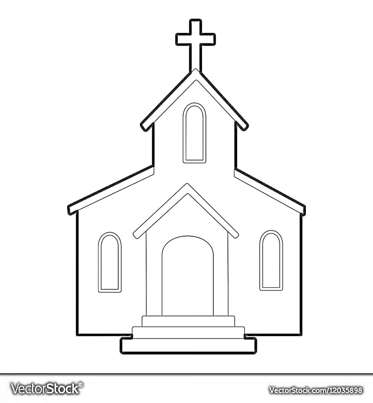 Раскраска Часовня с крестом, окнами и дверью на ступенчатом крыльце