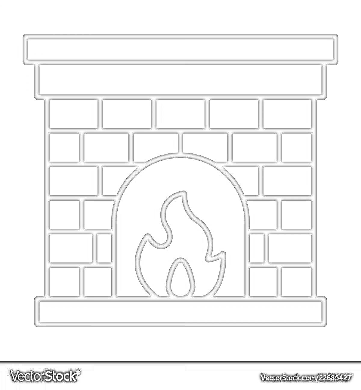 Раскраска Камин с горящим огнем, окруженный кирпичной кладкой