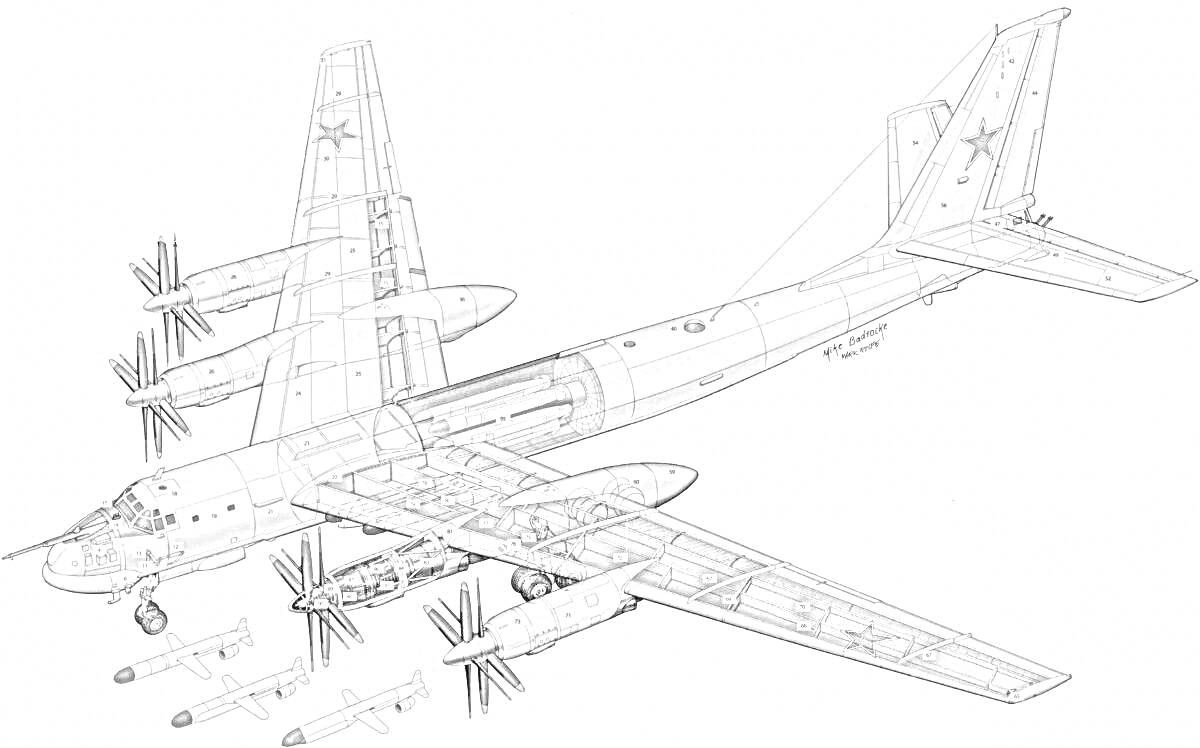 На раскраске изображено: Ту-95, Бомбардировщик, Военная техника, Авиация