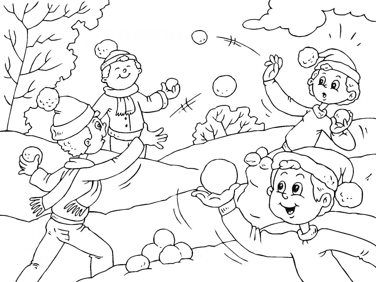 Раскраска Игра в снежки, дети в зимней одежде, снежки, деревья и облака на заднем плане