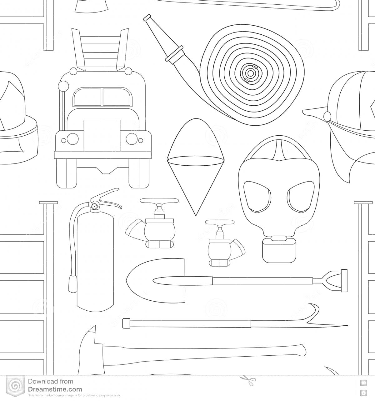 На раскраске изображено: Пожарный щит, Пожарная машина, Шланг, Лопата, Каска, Газовая маска, Огнетушитель, Лестница, Вентиль, Конус