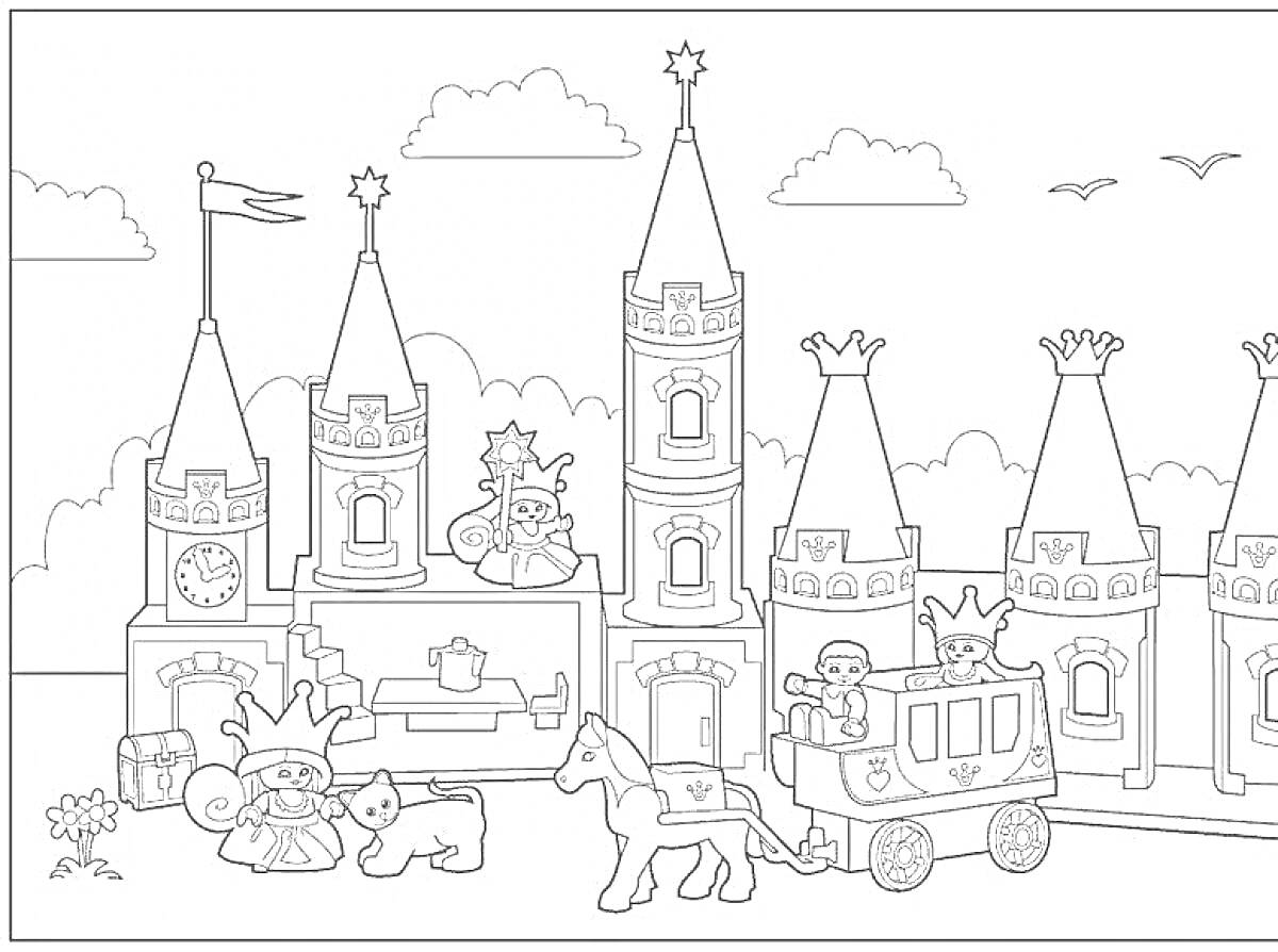 На раскраске изображено: Замок, Принцесса, Башни, Карета, Лошадь, Облака, Дворец, Воздух, Часы, Природа