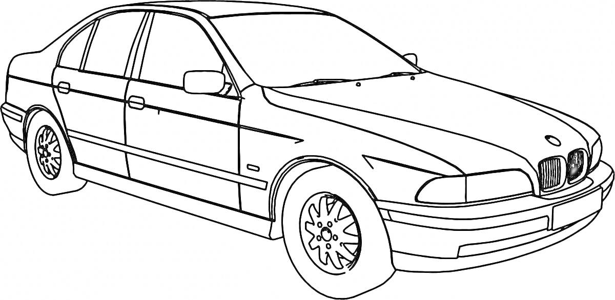 Раскраска Раскраска автомобиля BMW 5 серии, показано боковое и переднее стекло, видны боковые зеркала, фары, колеса и передний бампер.