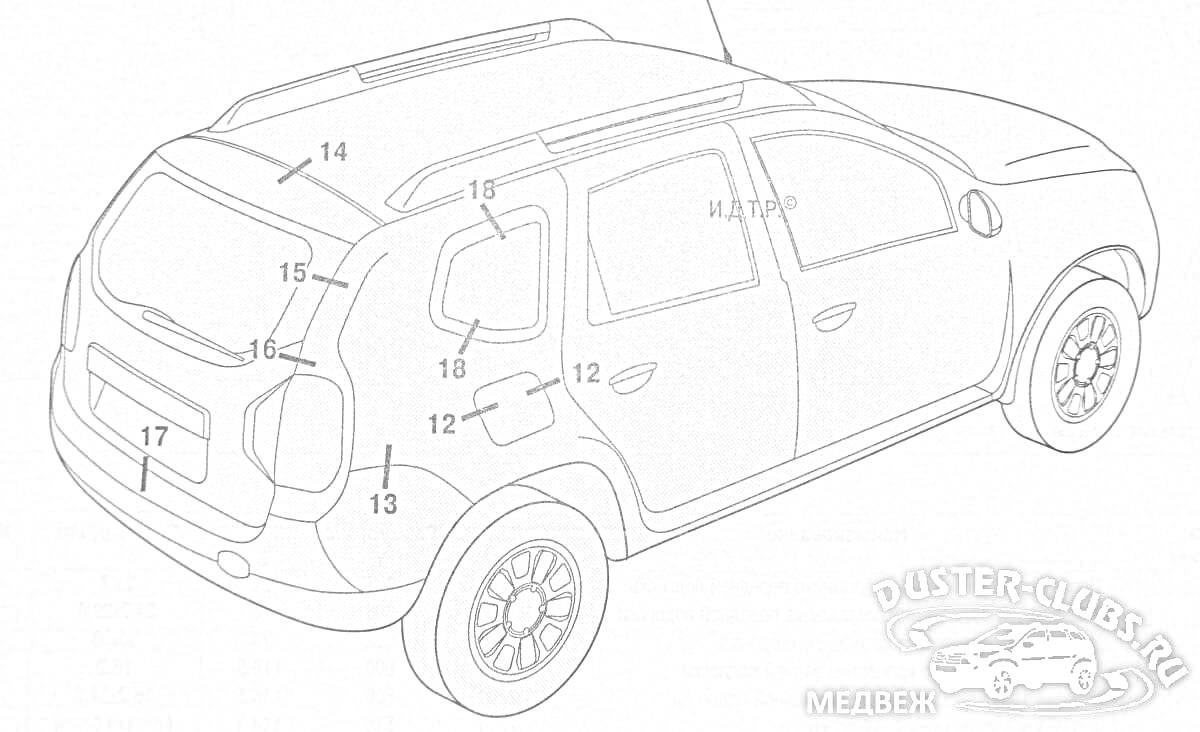 Раскраска Раскраска автомобиля Renault Duster с элементами боковых и заднего стекла, дверей, колес и зеркал.