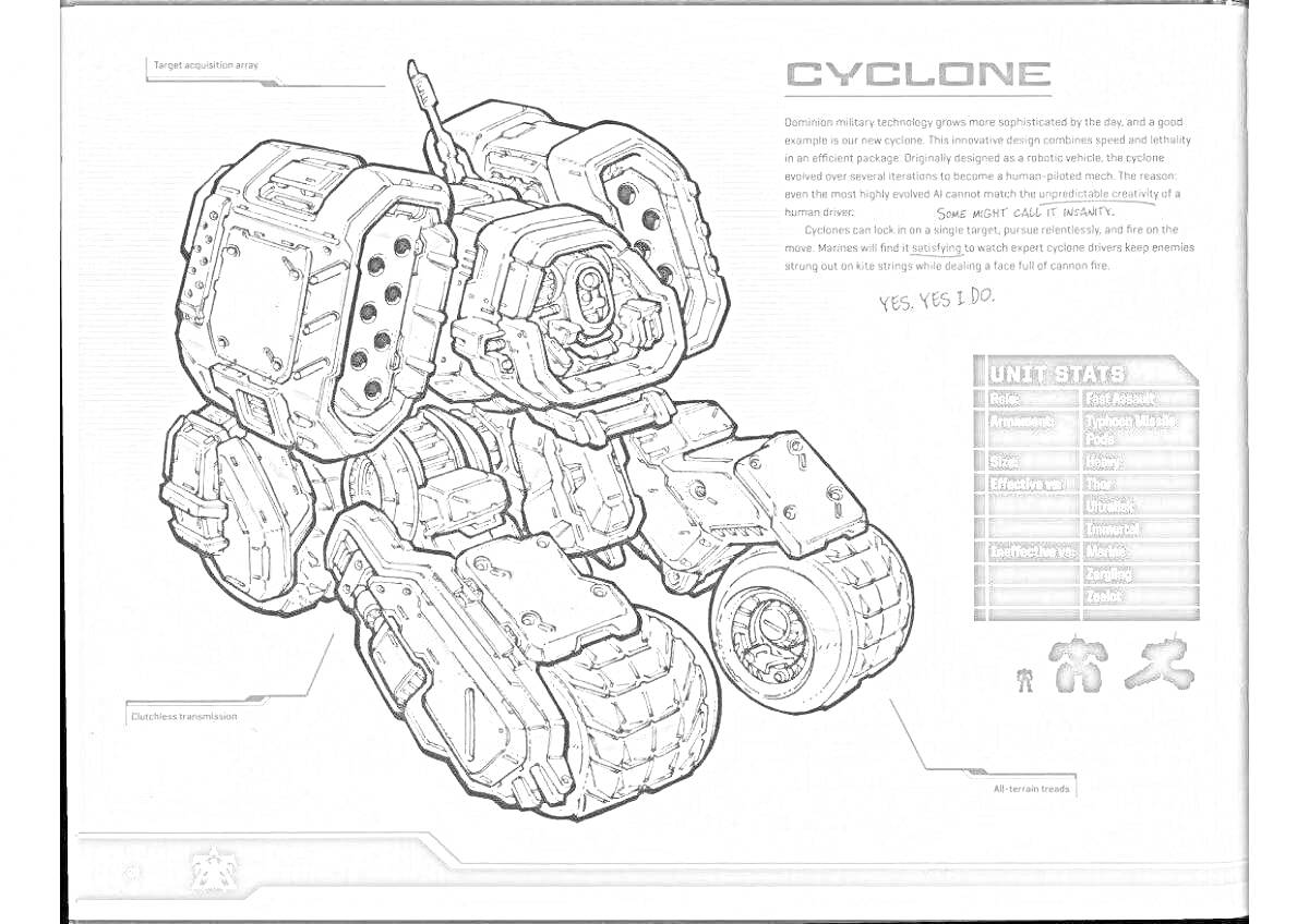 Раскраска Циклон из Старкрафт с техническими данными и характеристиками