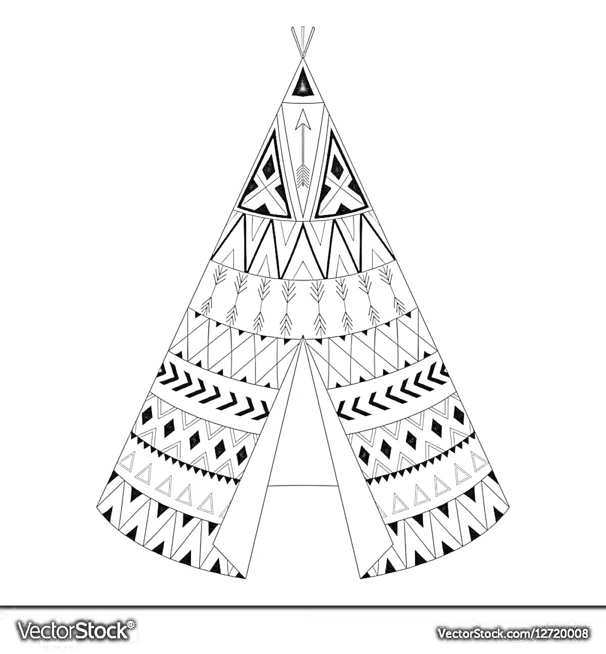 На раскраске изображено: Вигвам, Геометрические узоры, Полосы, Зигзаги, Творчество