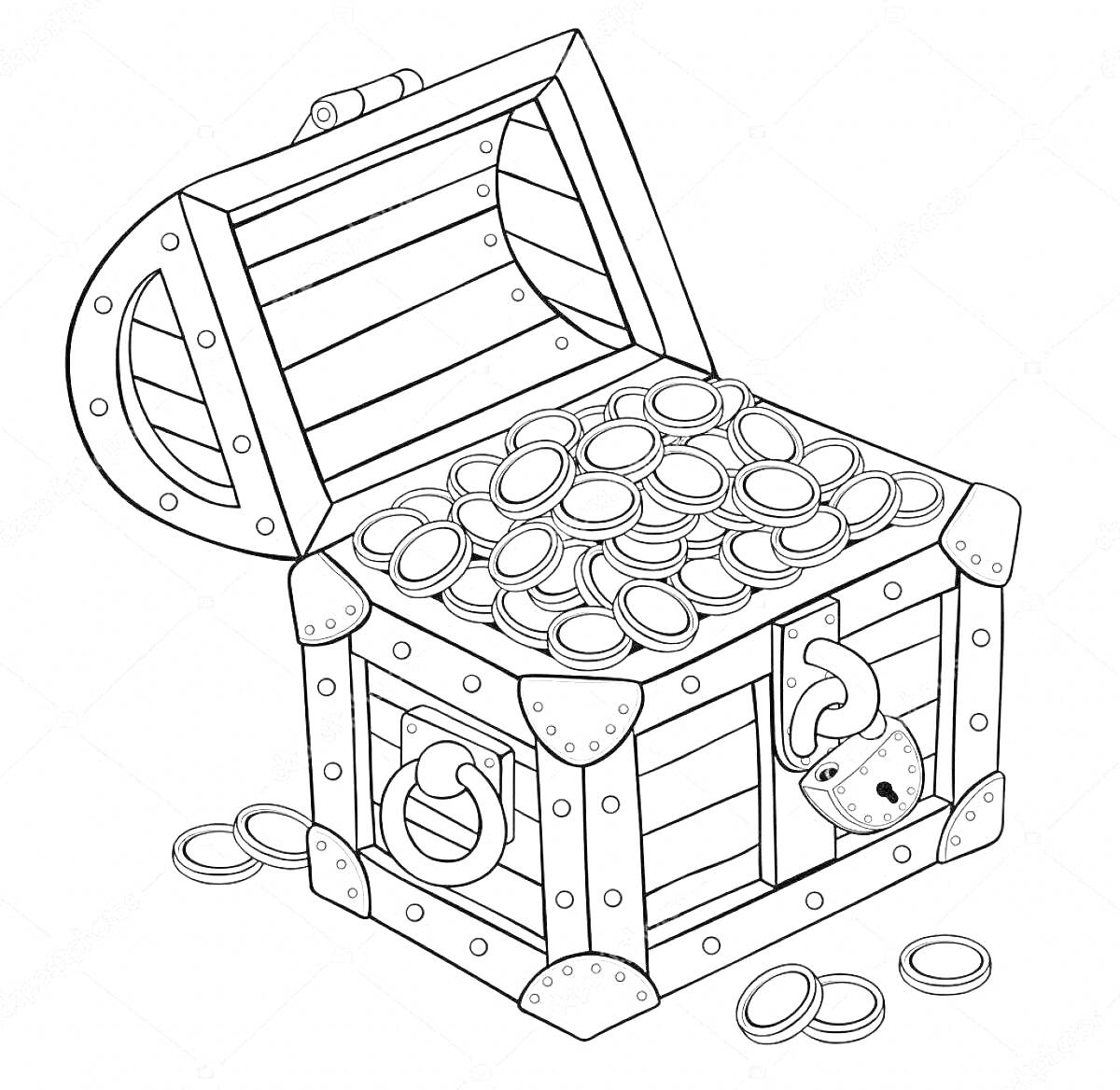 Раскраска Сундук с сокровищами, полон монет, несколько монет снаружи