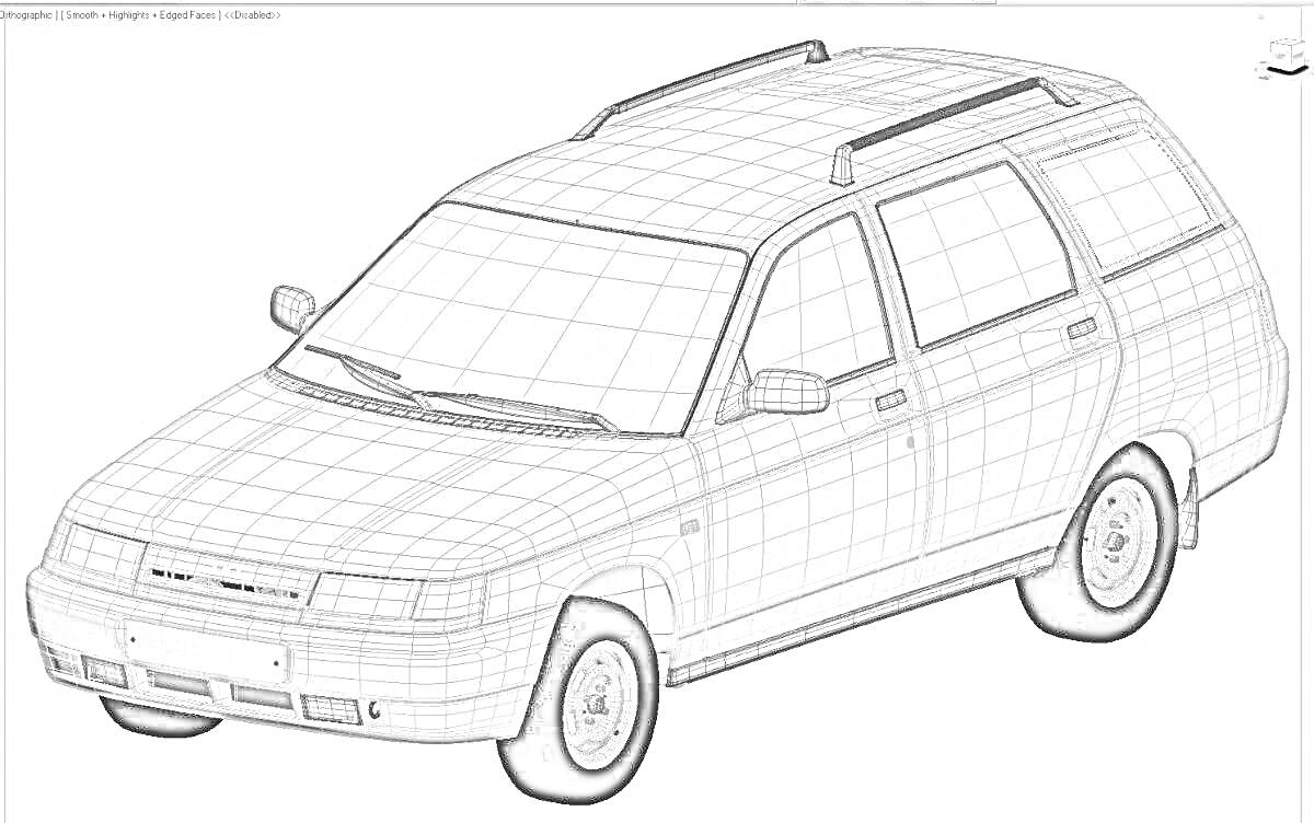 Раскраска Ваз 2111 с передними и задними дверями, боковыми зеркалами, рейлингом на крыше, колесами, фарами и передним бампером.