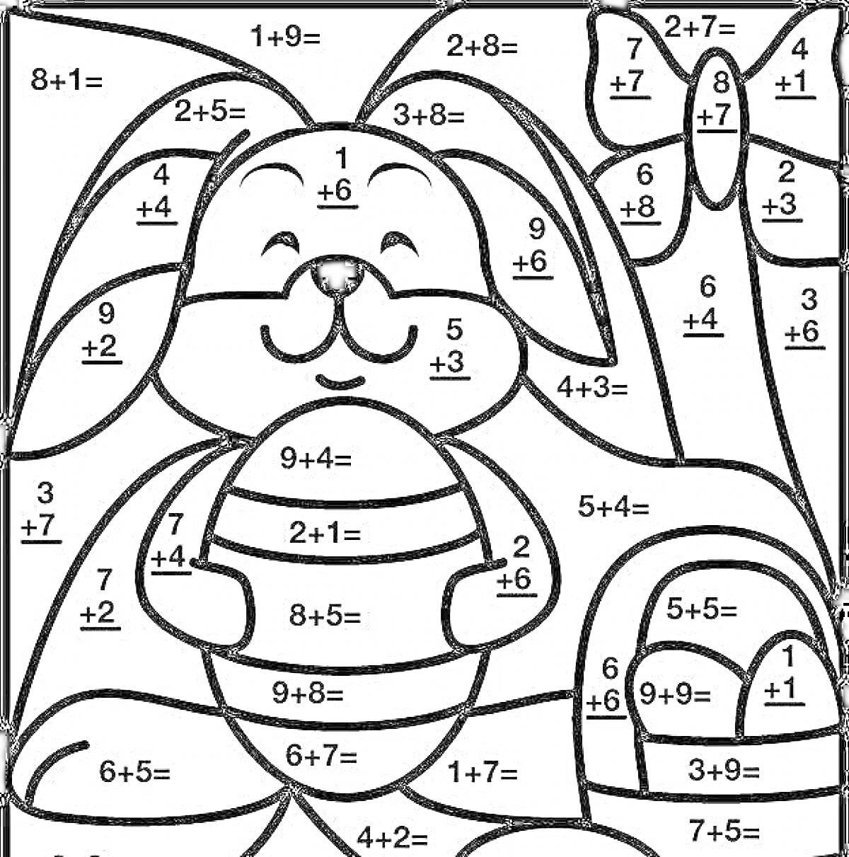На раскраске изображено: Сложение, Математика, Заяц, Пасхальные яйца, Обучение