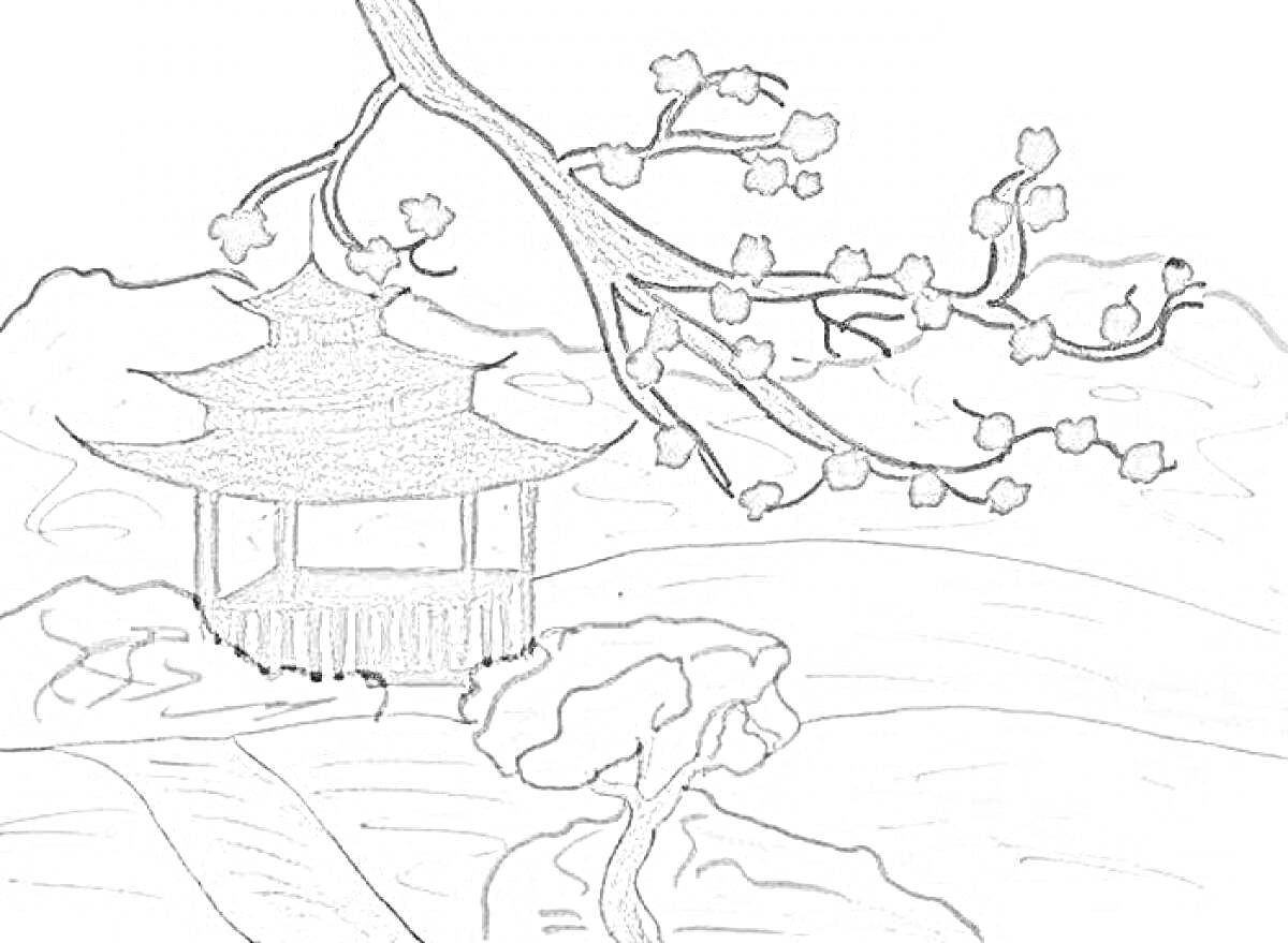 На раскраске изображено: Пагода, Сакура, Холмы, Путь, Природа, Пейзаж, Восточный стиль, Архитектура