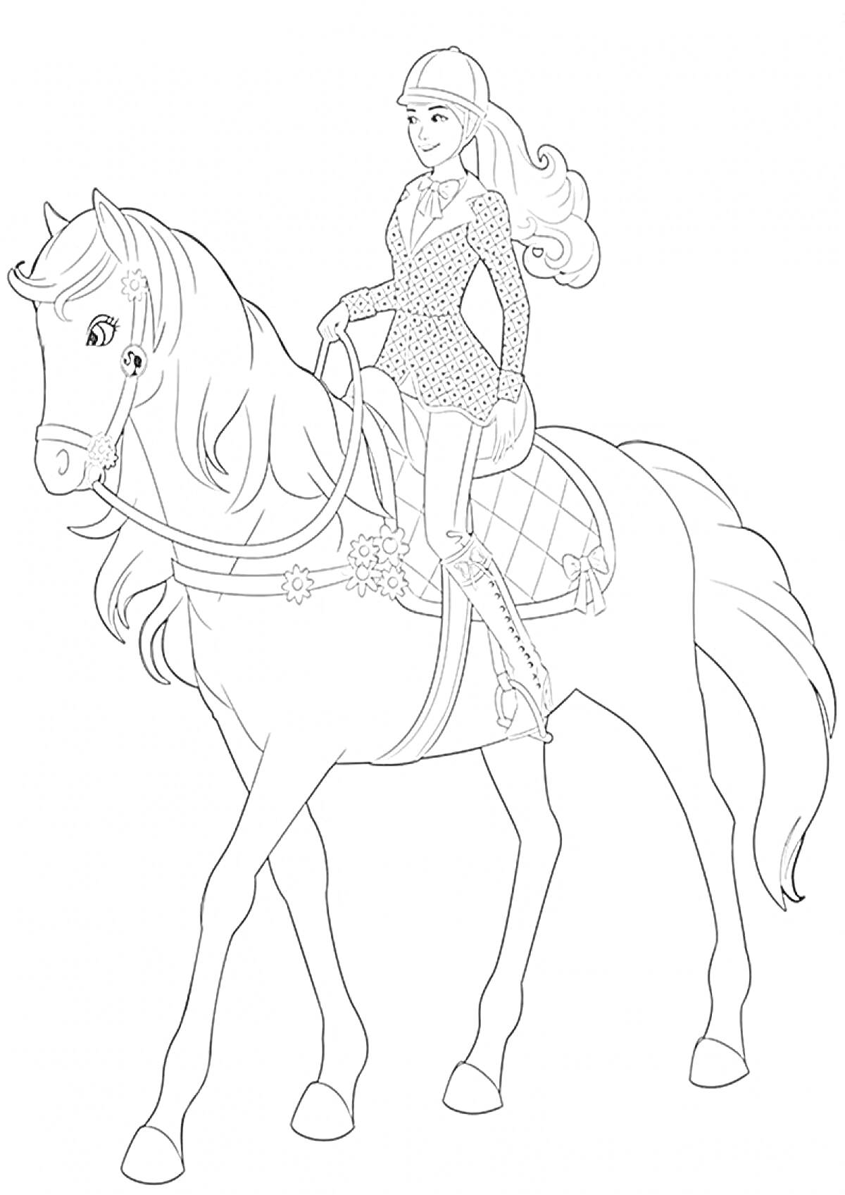 На раскраске изображено: Барби, Лошадь, Верховая езда, Украшения, Седло, Сбруя, Шляпа, Девочка