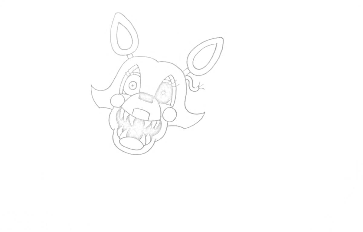 Раскраска Раскраска с головой аниматроника Мангл с обнажённой нижней частью черепа, большими ушами и агрессивными зубами