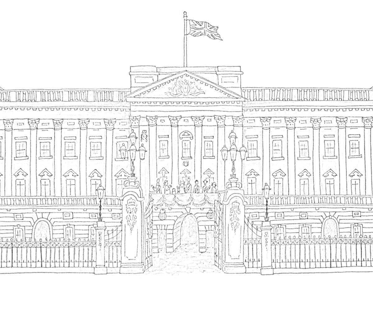 На раскраске изображено: Дворец, Лондон, Архитектура, Флаг, Ворота, Здание, Окна, Арка