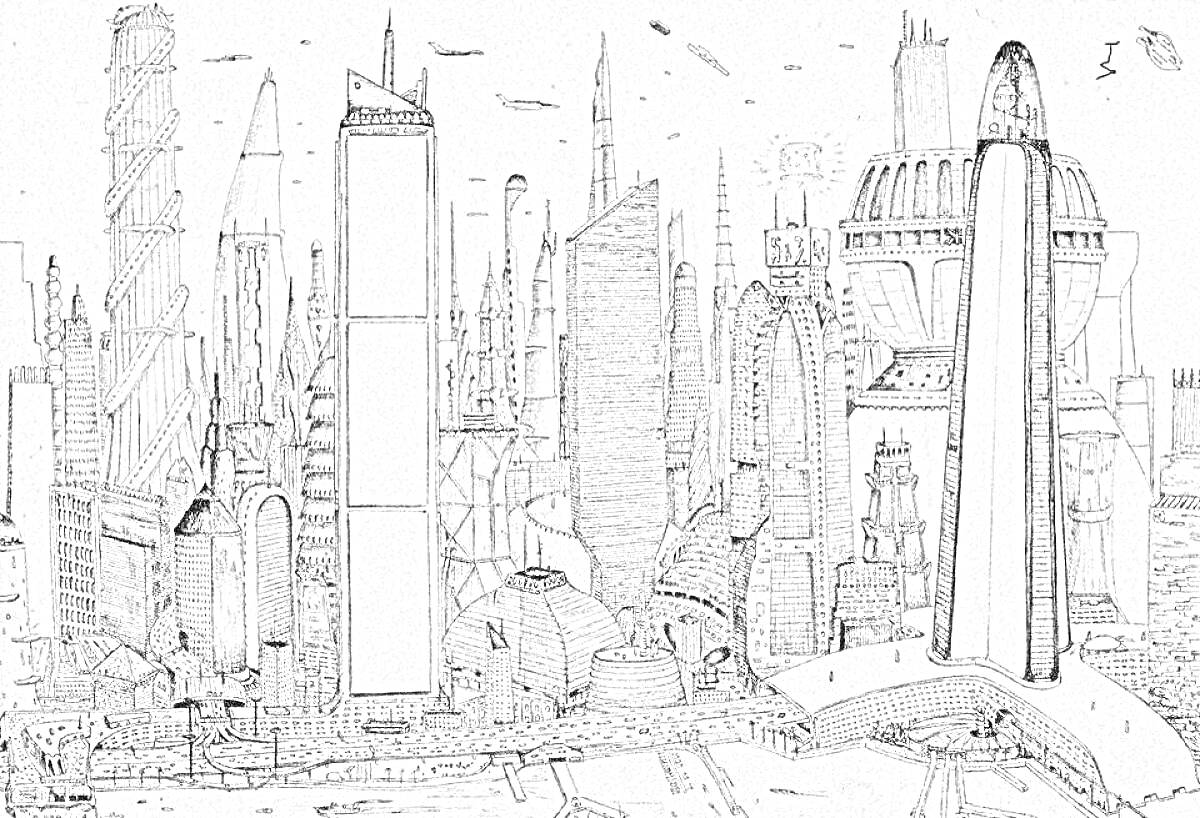 На раскраске изображено: Фантастический город, Небоскребы, Летающие машины, Мегаполис, Будущее, Фантастический мир