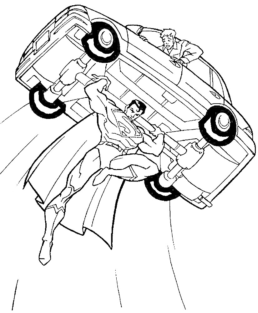 Раскраска Супермен держит машину в воздухе, человек за рулем